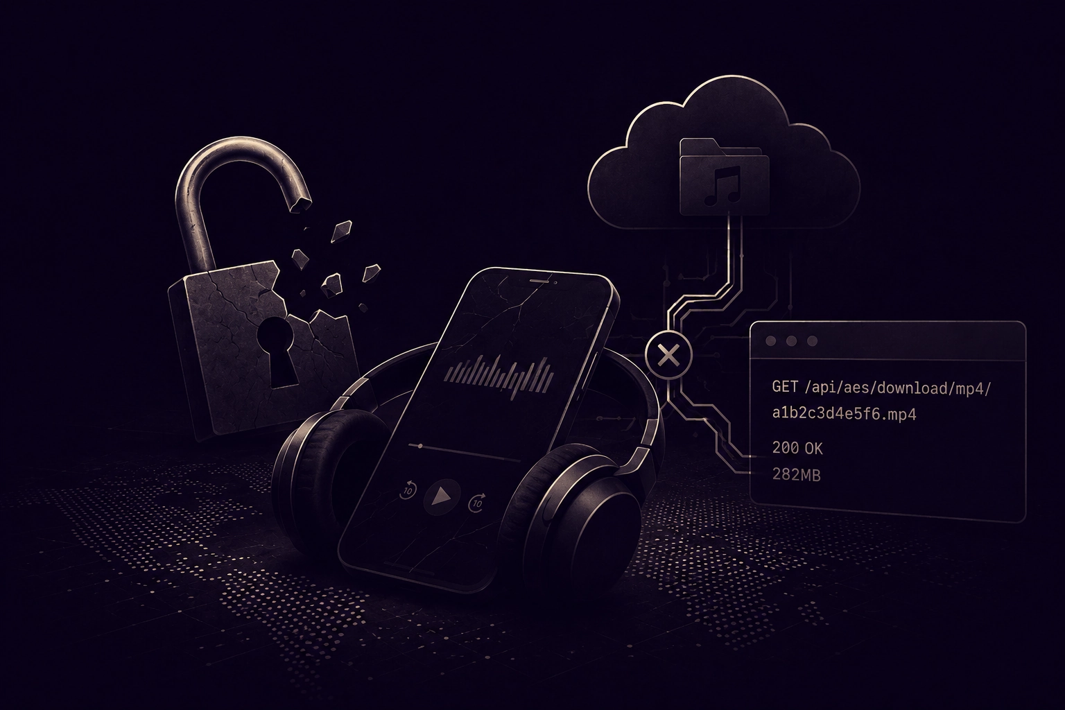 A cracked padlock beside a smartphone playing audio with headphones, a cloud download icon and a terminal intercepting an HTTP media request — broken audio-streaming DRM