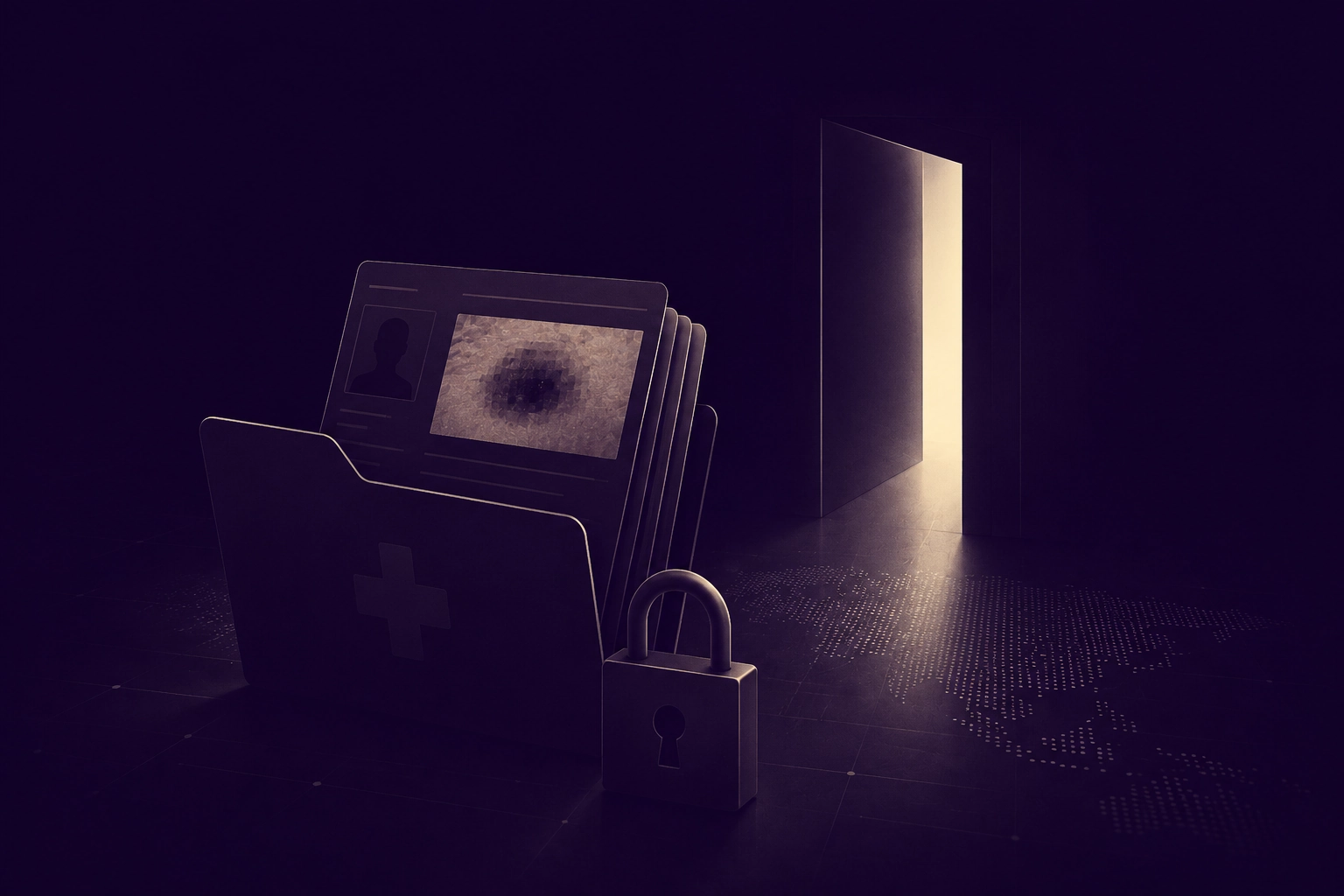 A medical records folder holding patient photo cards secured by a small padlock, beside an open door spilling light into a dark room
